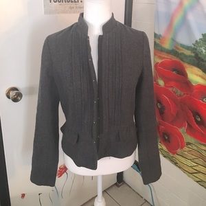 Charcoal grey clasp closed flare bottom wool shell blazer